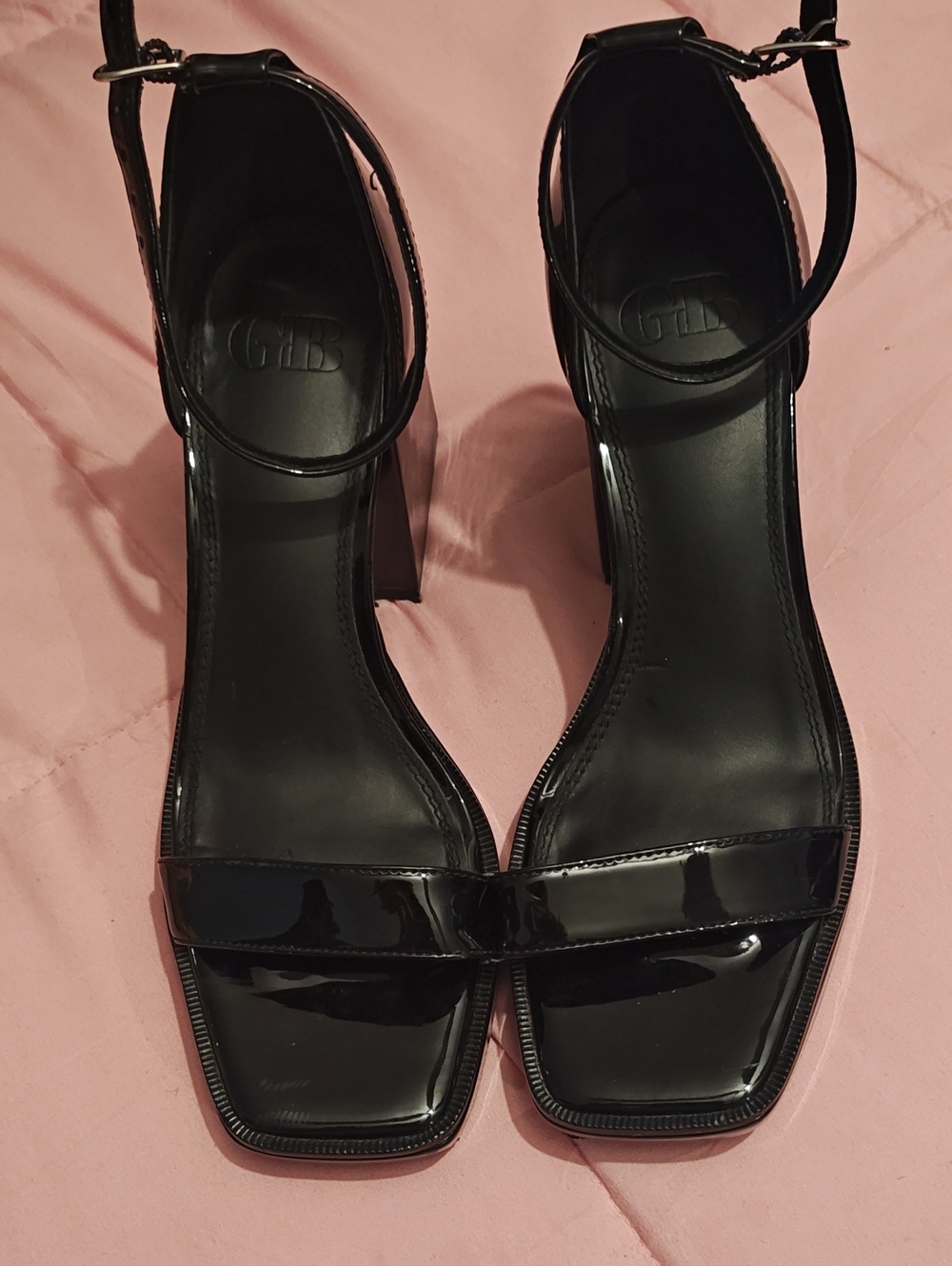 GB Black Patent Ankle-Strap Block Heel Sandals